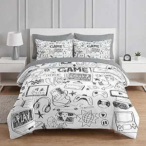Nesker Comforter Set Twin Size, Computer Games Doodles 5 Pcs Bedding for Kids Teens, Gamer Gaming Black Bedding Set with Pillowcase & Sham