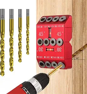 30 45 90 Degree Angle Drill Guide Jig for Hand Drill, Angle Drill Guide for Straight Holes and Angle Drilling, used for Stairs Handrails, Cable Railings, Decks, and Wood Posts Level designwith 4 Bits