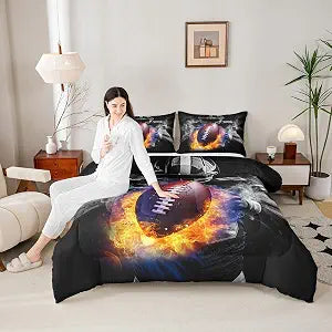 Homewish American Football Comforter Set Twin Size,Flame Football Bedding Set 2pcs for Kids Teens Boys Girls Room Decor, Athlete Sport Gaming Theme Quilt Set Black Duvet Insert with 1 Pillowcase