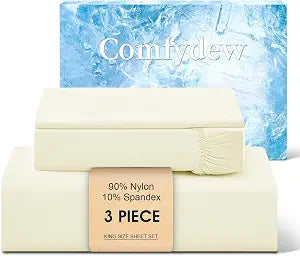 Cooling Sheet King Size Set 3 Pieces, Double-Sided Cooling Bed Sheets for Hot Sleepers & Night Sweats, Ultra Stretchy Deep Pocket Fitted Sheet Fits Up to 18", with 1 Pillowcases, Beige