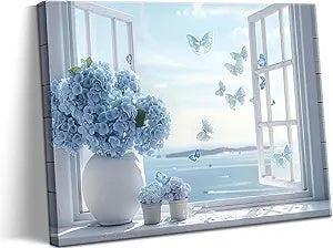 Coastal Flower Bathroom Canvas Wall Art Blue Hydrangea Floral Vase Butterfly Window Wall Decor Picture Seascape Beach Aesthetic Poster Print for Living Room Bedroom Bathroom Home Decoration 16x24in