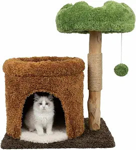 STILLCOVE Small Cat Tree with Scratching Post: Solid Wood Kitten Tower | Cloud Flower Bed, Real Nature Wood, Mini Short Modern Aesthetic Mau Cute House Condo Perch, Hanging Ball, Indoor cats