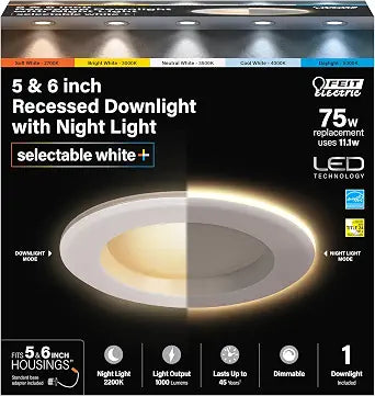 Feit Electric 5/6in LED Recessed Downlight with Night Light Mode, 75W Eq