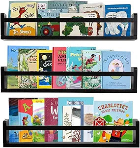AZSKY Classic Nursery Book Shelves Black Wooden Floating Shelves Wall Bookshelf for Bathroom Decor Kitchen Spice Rack Organizer Kids Room 24 Inch Set of 3