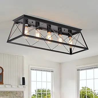 31.5" Black Flush Mount Ceiling Light Fixture, 5-Light Vintage Industrial Cage Chandelier for Dining Room, Kitchen Island, Living Room, Dimmable Large Semi Flush Mount Close to Ceiling Light
