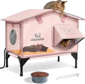 Upgraded Heated Cat House for Outside Escape Door, Highly Insulated Heated Outdoor Cat House Waterproof Awning, Weatherproof Outdoor Feral Cat Shelter for Stray Winter