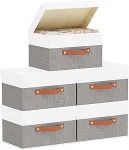 Fabric Storage Bins with Lids, Linen Collapsible Boxes, Storage Baskets with Double Handles, White and Grey, 5 Pack, 13 x 9.1 x 7.9 Inch
