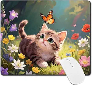 Mouse Pad, Cat Animal Mouse Pad Butterfly Flowers Scenery Kitty Mousepad