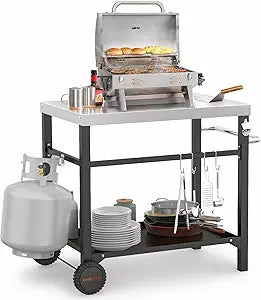onlyfire Movable Stainless Steel Dining Cart Table, Pizza Oven Table with Propane Tank Holder, Heavy Duty Utility Cart on Wheels for Outdoor Kitchen, BBQ Grill, Patio, 33.6 x 21.7 Workstation