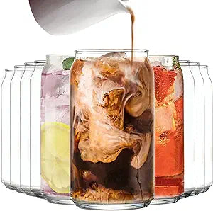 Le'raze Set of 10 Patented Can Shaped Drinking Glasses - 16oz Clear Irish Glass Cups for Margarita, Cocktails, Iced Coffee, Tea, Soda, Whiskey, Water and Beer.