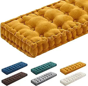 Geelin 48x18 Inch Bench Cushions for Indoor Furniture Chenille Velvet Mustard Yellow Button Tufted Thick Seat Pad Mat with Memory Foam, Window Floor Sofa Chair Cushion for Living Room Porch Swing