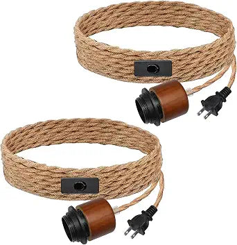 2 Pack Plug in Pendant Light Fixtures, Hanging Light with 16.4 ft Woven Hemp Rope Plug in Cord, Pendant Lighting for Living Room Bedroom Kitchen E27 No Bulb