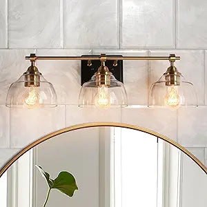 KSANA Bathroom Light Fixtures, 3 Light Black and Gold Vanity Lights for Bathroom with Clear Glass Shade, 24.5'' Modern Brass Bathroom Lights Over Mirror