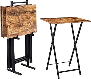 HOOBRO Folding TV Tray Tables, Set of 4 TV Trays with Storage Rack, Industrial Side Table for Eating at Couch, Foldable Snack Table for Small Space, Easy Assembly, Rustic Brown and Black BF50BZ01
