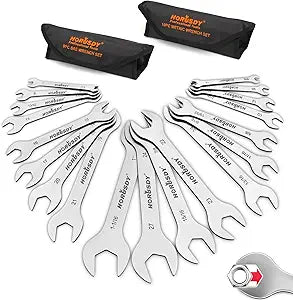 HORUSDY Thin Open End Wrench Set | Bike Wrench Set with Rolling Pouch | 19-Piece SAE & Metric | CR-V Steel | 1/4" to 1-1/16" & 5.5mm to 27mm for Mechanics