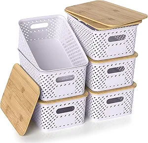 Plastic Storage Bins with Bamboo Lids, Stackable Small Box Baskets for Organizing and Containers for Shelves Drawers Desktop Closet Pantry Classroom Office Home, 6 Pack 10.2"x7.2"x4.1" Lavender