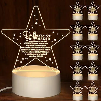 Sumind 10 Pcs Difference Maker Employee Appreciation Gift Bulk Teacher Nurse Inspirational Acrylic Night Light LED Engraved Lamp with Base for Team Office Staff Coworker Volunteer EMS CNA Week