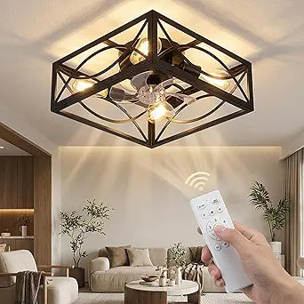 LIONVISON Caged Ceiling Fan with Lights: 16" Small Flush Mount Low Profile Fandelier with Remote DC Motor Reversible 6 Speeds Farmhouse Industrial Ceiling Fans for Bedroom Kitchen Black