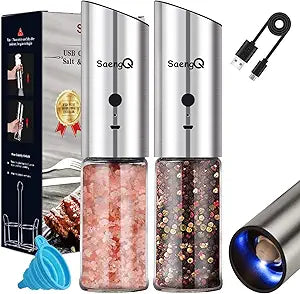 Electric Salt and Pepper Grinder Set - USB Rechargeable Gravity Salt and Pepper Shakers, Automatic Glass Mill with Adjustable Coarseness, LED Light, One-Hand Operation for Kitchen & Dining