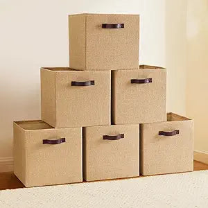 Ornavo Home 10.5 x 10.5 Storage Cube Bins, 6 Pack Jute Baskets, Fabric Storage Bins Shelf Basket Cube Organizer for Closet Foldable Collapsible with Leather Handles