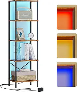 JARHETUN 5-Tier Bookshelf, Tall Narrow Bookcase with LED Lights, Book Shelf with Steel Frame, Office Furniture, Display Storage Shelf for Living Room, Bedroom, Study, Balcony, Rustic Brown