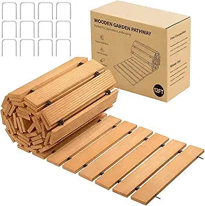 Wooden Garden Edging Outdoor Walkway - 12FT Roll Out Straight Walkway with Non-Slip Surface, Decorative Boardwalk Path for Garden Backyard Wedding Party