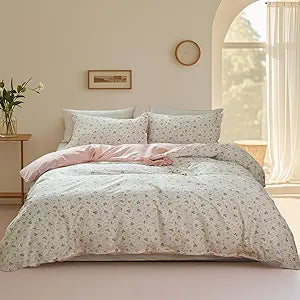 Pink Floral Cotton Duvet Cover Twin XL Botanical Bedding Set Boho Garden Kid Girl Women Pink and White 68"x90" Reversible Comforter Cover Flower Print Chic Aesthetic with Zipper 4 Ties Vintage