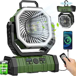 20000mAh Rechargeable Camping Fan, Auto-Oscillating Portable Fan for Camping with Remote & LED Lantern, 4 Speeds Battery Powered Fan with Hanging Hook & Timer for Tent, Travel, Outdoor, Home, RV