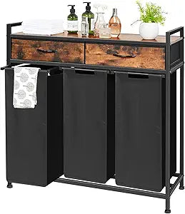 Laundry Sorter 3 Section, 180L Laundry Hamper Basket with Shelf and 2 Drawers, 3 Compartment Clothes Storage Organizer Cart, Pull-Out Removable Oxford Fabric Bags, Rustic Brown and Black