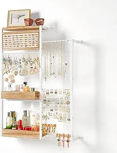 Pinzoveco Hanging Jewelry Organizer Wall Mounted, Large Hanging Jewelry Organizer Holder for Necklaces,Bracelest,Earrings,Rings,Watched,Makeup & Perfume (White)