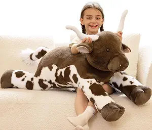 Tezituor 43.3 Giant Longhorn Cow Stuffed Animal, Hugging Fluffy Stuffed Cow Plush Body Pillow, Realistic Large Texas Longhorn Bull Farm Plush Toy for Boys Girls
