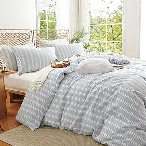 Duvet Cover Set Queen Size, 100% Washed Cotton Striped Duvet Cover Linen Like Textured Bedding Set, Cornflower Blue Stripes Comforter Cover Double with Zipper Closure and 2 Pillowcases