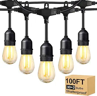 BRIMAX 2W 100FT Outdoor String Lights Commercial Grade with 32 Shatterproof S14 Dimmable LED Bulbs Patio String Lights Heavy Duty Waterproof for Bistro Cafe Market 2700K