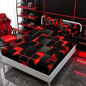 HOSIMA Red Black Geometric Twin Bedding Sets,1 Fitted Sheet+2 Pillowcases.