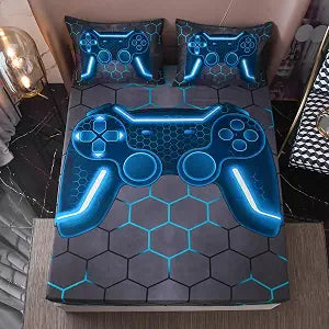 NTBED Game Console Fitted Sheet Set for Boys Girls Kids 3D Gaming Geometric Lightweight Gamer Microfiber Mattress Cover Sets(Blue,Twin)