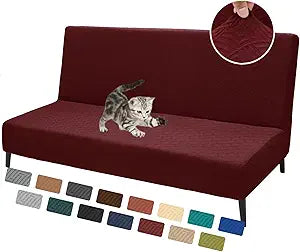 XINEAGE 2026 New Futon Cover Full Size Stretch Armless Sofa Bed Cover Anti-Slip Furniture Protector Without Armrests Futon Slipcover with Elastic Bottom (67"-82", Wine Red)