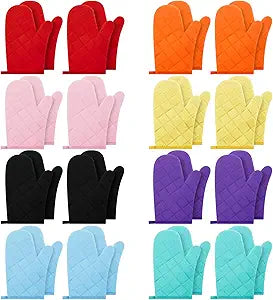 Dandat 16 Pairs Oven Mitts Quilted Terry Cloth Lining Extra Long Heat Resistant Kitchen Glove Christmas Cotton Microwave Baking Glove for Reliable Flexible Cooking Grille BBQ, 11 Inch, 8 Colors