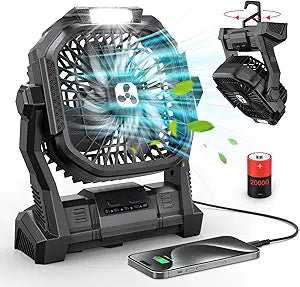 ONLYNEW Portable Fan Rechargeable, 20000mAh Cordless Battery Powered Fan with LED Lantern, USB C Battery Operated for Travel Bedroom Home Camping Tent Office Beach Desk Fishing Table (Black)