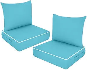 Outdoor Deep Seat Cushion Set, Fade Resistant Patio Chair Cushions, 24x24x6 Inch Patio Sofa Furniture Pad with Removable Cushion Covers (Lake Blue+White Side, 24''Lx24''Wx6''H-2pcs Set)