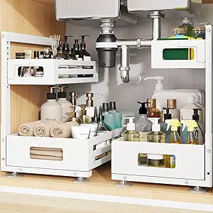 2 Pack Under Sink Organizer,Pull Out Cabinet Organizer With Smooth Cylindrical Rail,Metal Slide Out Drawer for Kitchen Bathroom Laundry Cabinet,8-Level Tool Free Height Adjustable-White