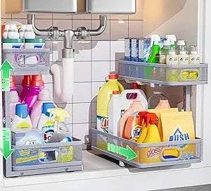 Under Sink Organizer 2 Pack, High Adjustable 2 Tier Under Sink Organizers and Storage, Slide out Metal Cabinet Organizers, Pull out Storage Drawer Shelf for Kitchen Bathroom Cabinet