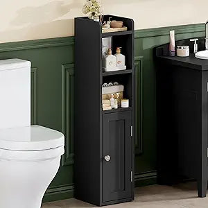 ChooChoo Small Bathroom Storage Cabinet, 7.1W * 7.9D Corner Floor Cabinet with Door and Adjustable Shelf, Narrow Toilet Paper Cabinets, Slim Bathroom Organizers for Small Spaces and Bathroom, Black