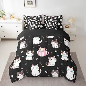 Feelyou Toddler Cat Bed in a Bag for Kids Boys Girls Cats Print Twin Comforter Set with Sheets Cute Cartoon Design 7 Pieces Bedding Set Bedroom Decor Cute Kitten Bed Set Animal, Black