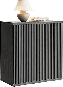 Fluted Buffet Cabinet Sideboard with Storage, Modern Black Credenza Cabinet with 2 Doors & Adjustable Shelf, 15" Deep Wood Accent Cabinet for Dining Room, Living Room, Entryway & Kitchen