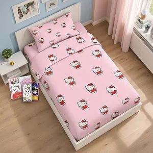 Hello Kitty Sheet Set - Bundle of Hello Kitty Bedding Including: Flat Sheet, Fitted Sheet, and Pillowcase for Twin Bed Plus Stickers, More for Kids