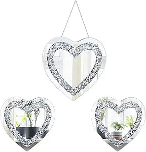Qunclay 3 Pcs Crystal Crush Diamond Silver Mirror, 12 and 8 Inches Modern Shaped Wall Hang Decorations Glass Diamond Mirror for Bathroom Living Room (Heart Shape)