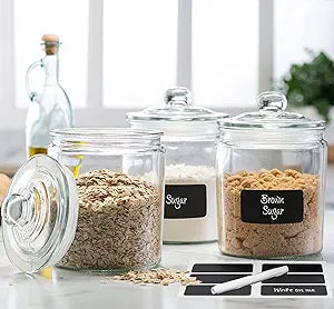 Leraze 3pc Canister Sets for Kitchen Counter + Labels & Marker - Glass Cookie Jars with Airtight Lids - Food Storage Containers with Lids Airtight for Pantry - Flour, Sugar, Coffee, Christmas gift.