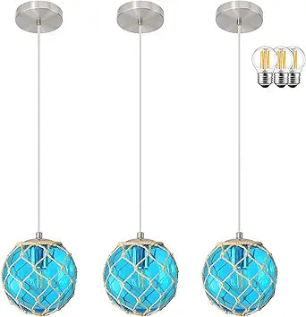 3 Pack 6" Blue Coastal Pendant Light Kitchen Island,Glass Globe Ocean Ceiling Light Fixture Beach House,Dimmable Hemp Rope Light Fixture Hanging For Bathroom Living Room Farmhouse Bedroom(Bulb Incl.