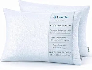 Columbia Dry Ice Cooling Pillows Queen Size Set of 2 Soft Hotel Quality Knit Cover that Stays Cold, Hypoallergenic Bed Pillow for Sleeping, Great for Back Sleeper, Stomach or Side Sleepers