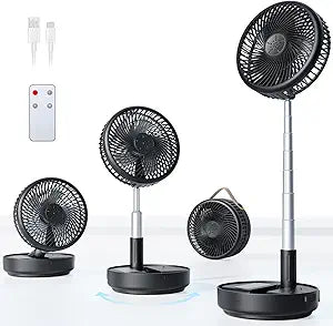 Portable Oscillating Travel Fan, 10400mAh Battery Operated Rechargeable USB Floor Table Desk Fan with Remote, 4 Speed Settings Pedestal Fan for Home Bedroom Office Camping, Black 8"